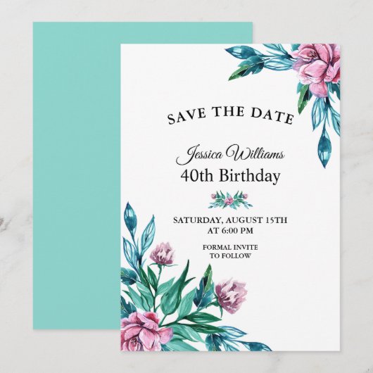 Romantische Vrouwelijke Bloemen 40e Verjaardag Save The Date (Voorkant / Achterkant)
