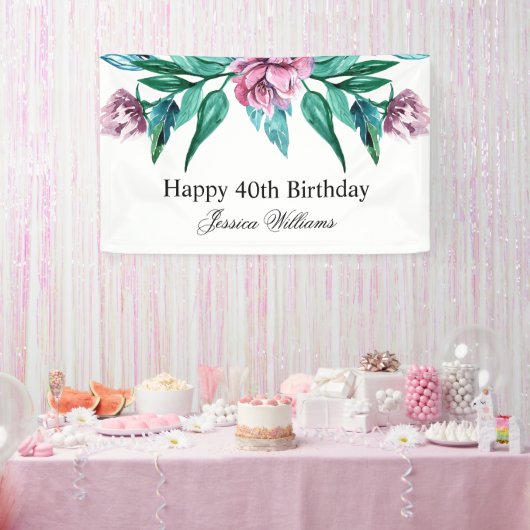 Romantische Vrouwelijke Bloemen 40e Verjaardag Spandoek (Feest)