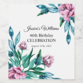 Romantische Vrouwelijke Bloemen 40e Verjaardag Wijn Etiket (Enkel label)