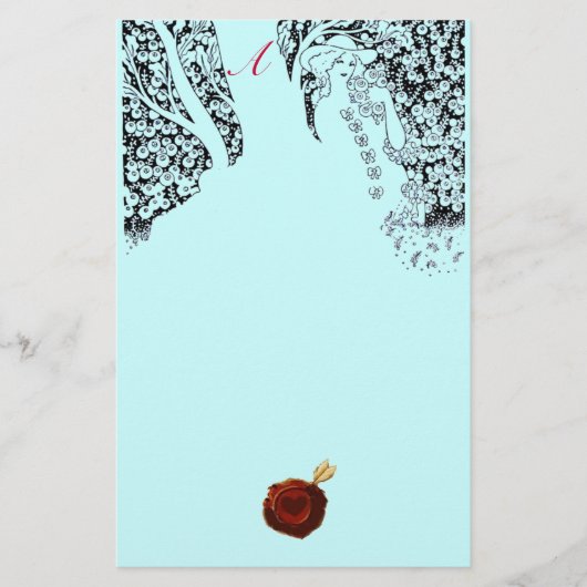 ROMANTISCHE VROUWELIJKE Rood Wax-monogram Aqua Blu Briefpapier (Voorkant)
