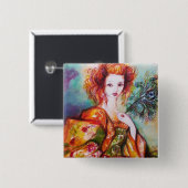 ROMANTISCHE VROUWEN MET PEACOCK VERDER VIERKANTE BUTTON 5,1 CM (Voorkant /achterkant)