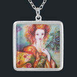 ROMANTISCHE VROUWEN MET PEACOCK VERDER ZILVER VERGULDEN KETTING<br><div class="desc">Origineel hedendaags schilderij met gouden folie en lichtgevende kleuren in helder groen,  geel sinaasappel,  blauwgroen,  turquase,  wit .Elegant,  mooi,  gesofisticeerd brunetvrouwtje,  rood,  groen mousserend goudweefsel van een barokke kostuum met pekveren. Schilting door Bulgan Lumini (c).</div>