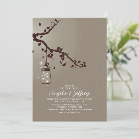 Romantische vuurvliegjes mason jar bruiloft uitnod kaart (Staand voorkant)