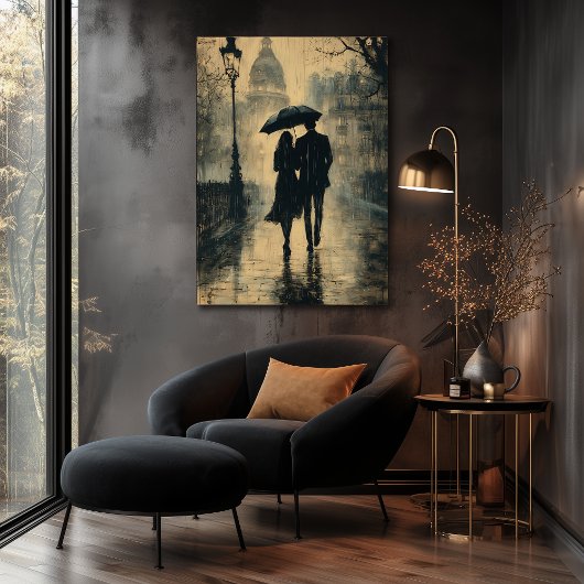 Romantische Wandel in de Regen - Houtskoolstijl Poster