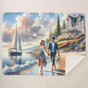 Romantische wandeling bij zonsondergang in een cot sherpa deken