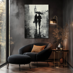 Romantische wandeling in de regen in Londen - Hout Poster