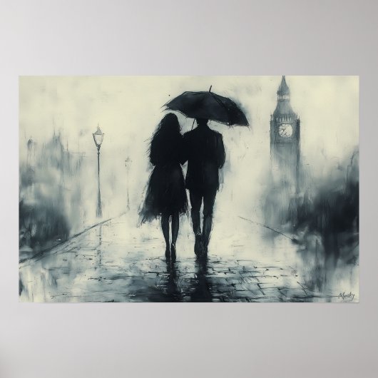 Romantische wandeling in de regen onder Big Ben Poster (Voorkant)