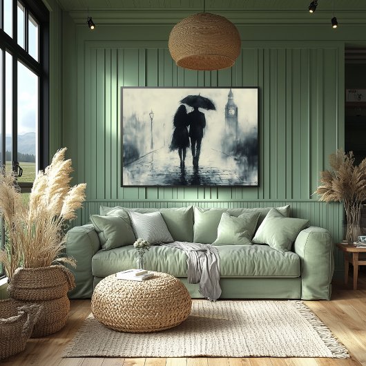 Romantische wandeling in de regen onder de Big Ben Poster