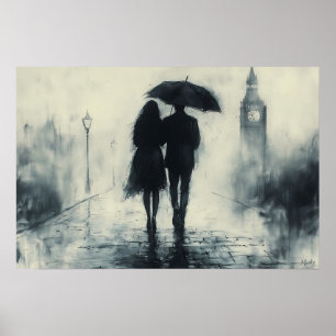 Romantische wandeling in de regen onder de Big Ben Poster