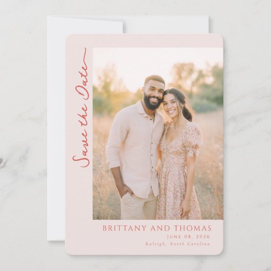 Romantische warme beige foto save the date (Voorkant)