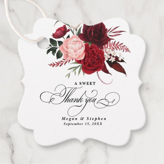 Romantische Water Kleur Bourgondië Floral Bruiloft Bedankjes Labels (Voorkant)