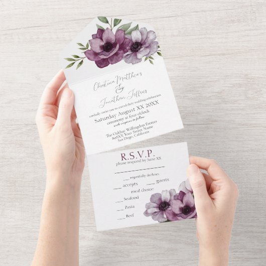 Romantische Waterverf Anemonen All In One Uitnodiging (Afscheurbaar)