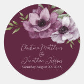 Romantische Waterverf Anemones op Merlot Ronde Sticker (Voorkant)