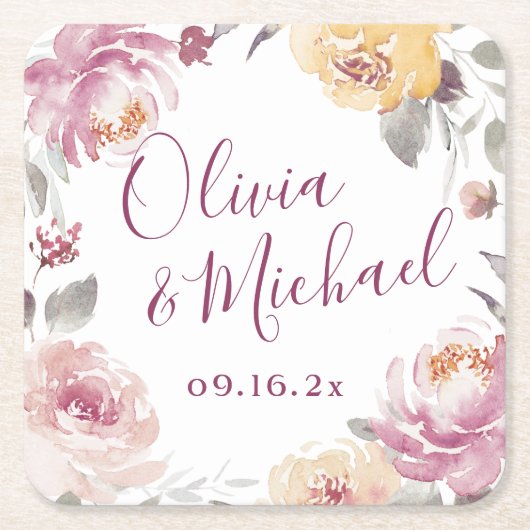 Romantische waterverf bloemen kartonnen onderzetters (Voorkant)