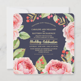 Romantische Waterverf bloemen marineblauw huwelijk Kaart