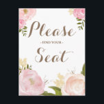 Romantische Waterverf bloemen Zoek je stoel Briefkaart<br><div class="desc">Whimsical 'vind je zitplaats'-bord met prachtige waterverf illustraties van pinda's en roos. Dit is een deel van een trouwsuite. Ideaal voor lente- en tuinbruiloften. Overeenkomende objecten zijn beschikbaar.</div>