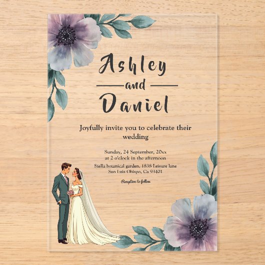 Romantische Waterverf Bloemenbruid en bruidegom br Acryl Uitnodigingen (Voorkant)