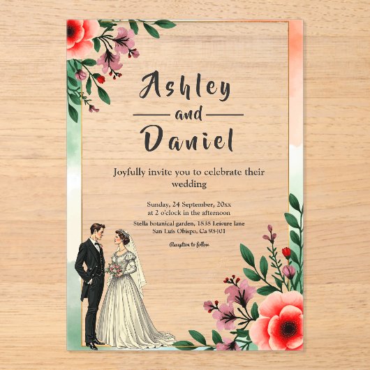 Romantische Waterverf Bloemenbruid en bruidegom br Acryl Uitnodigingen (Voorkant)