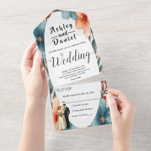 Romantische Waterverf Bloemenbruid en bruidegom br All In One Uitnodiging (Afscheurbaar)