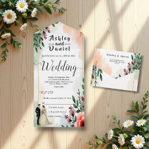 Romantische Waterverf Bloemenbruid en bruidegom br All In One Uitnodiging