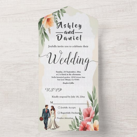 Romantische Waterverf Bloemenbruid en bruidegom br All In One Uitnodiging (Binnen)