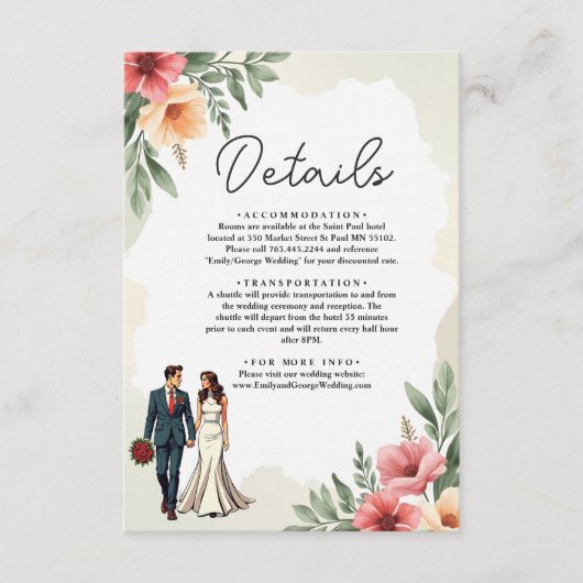 Romantische Waterverf Bloemenbruid en bruidegom br Informatiekaartje (Voorkant)