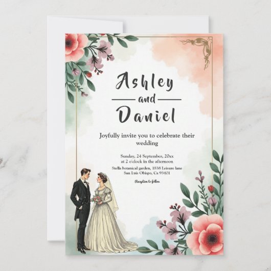 Romantische Waterverf Bloemenbruid en bruidegom br Kaart (Voorkant)