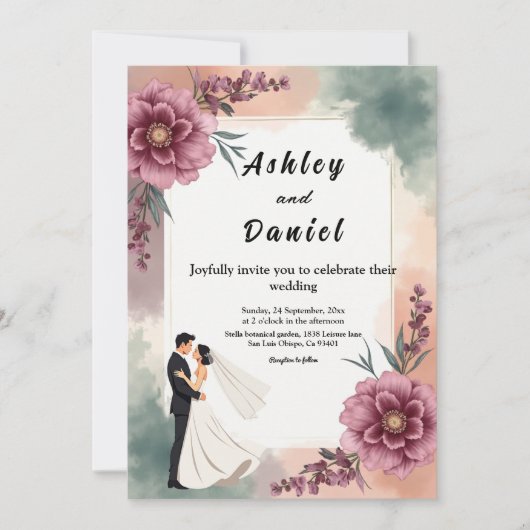 Romantische Waterverf Bloemenbruid en bruidegom br Kaart (Voorkant)