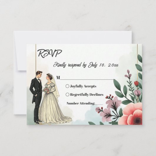 Romantische Waterverf Bloemenbruid en bruidegom br RSVP Kaartje (Voorkant)