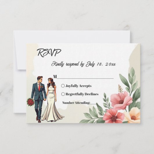 Romantische Waterverf Bloemenbruid en bruidegom br RSVP Kaartje (Voorkant)