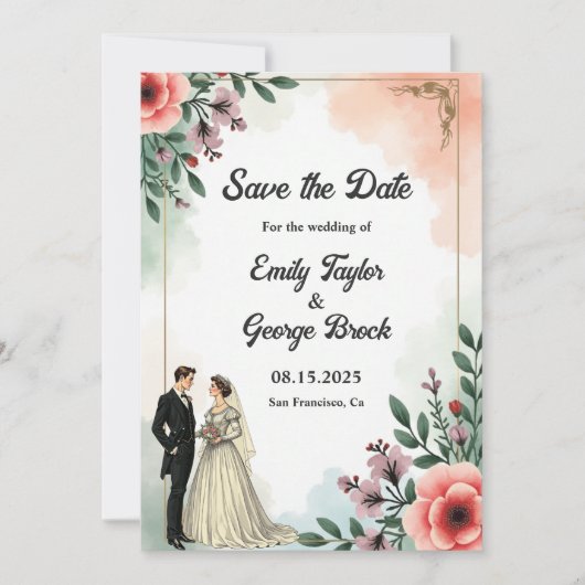 Romantische Waterverf Bloemenbruid en bruidegom br Save The Date (Voorkant)