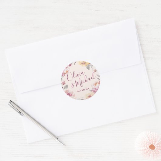 Romantische waterverf bloementeelt ronde sticker (Envelop)