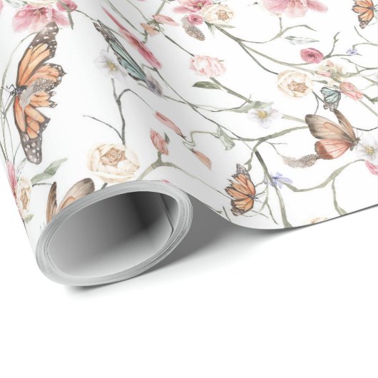 Romantische Waterverf bloementuin en vlinders Cadeaupapier (Rol Hoek)