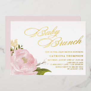 Romantische Waterverf Blush Pink Peony Baby Brunch Folie Uitnodiging