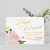 Romantische Waterverf Blush Pink Peony Baby Brunch Folie Uitnodiging (Staand Voorkant)