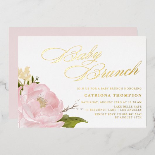 Romantische Waterverf Blush Pink Peony Baby Brunch Folie Uitnodiging (Voorkant / Achterkant)