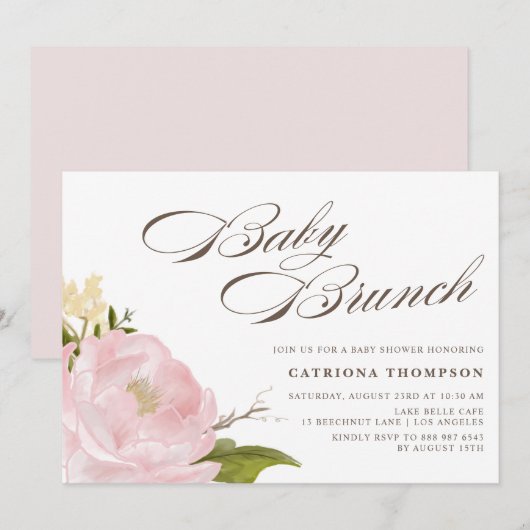 Romantische Waterverf Blush Pink Peony Baby Brunch Kaart (Voorkant / Achterkant)