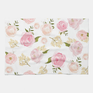 Romantische Waterverf Blush Pioenen Bloemenpatroon Theedoek