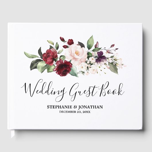 Romantische waterverf bordeauxrood blozende roos b gastenboek (Voorkant)