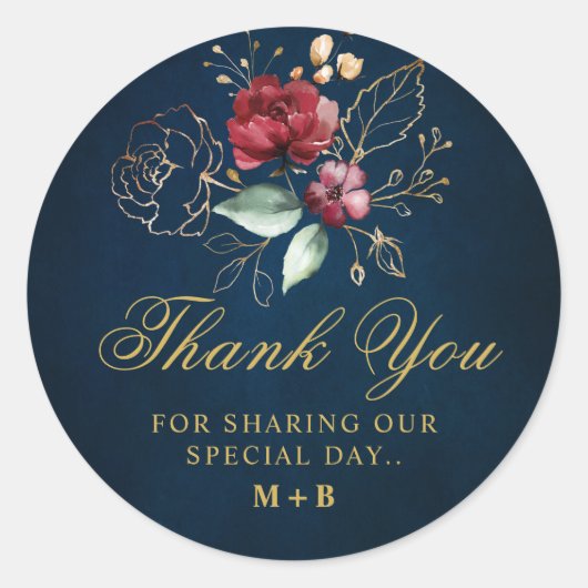 Romantische waterverf bordeauxrood marine bloem ronde sticker (Voorkant)