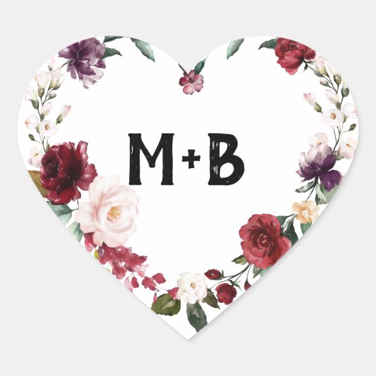 Romantische waterverf bordeauxrood roze bloem hart sticker (Voorkant)