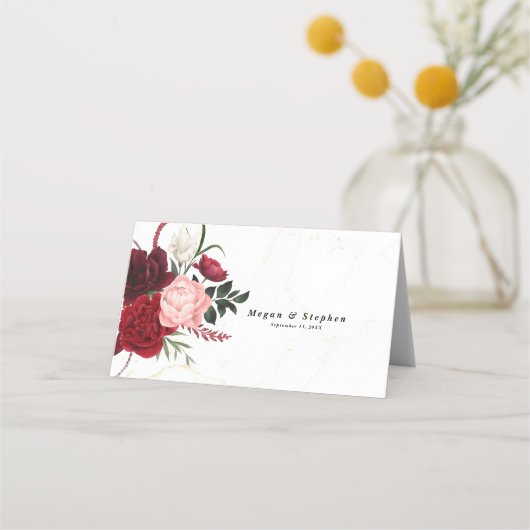 Romantische Waterverf Bourgondië Floral Chic Bruil Plaatskaartje (Achterkant)