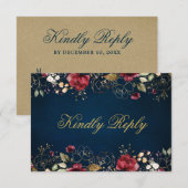 Romantische Waterverf Bourgondië Gouden Rode Navy  RSVP Kaartje (Voorkant / Achterkant)