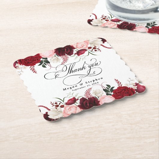 Romantische Waterverf Bourgondische bloemenbruilof Kartonnen Onderzetters (Gebogen)