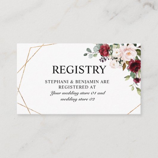 Romantische Waterverf Burgundy Floral Geometric Informatiekaartje (Voorkant)