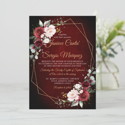 Romantische Waterverf Burgundy Floral Geometric Kaart (Staand voorkant)