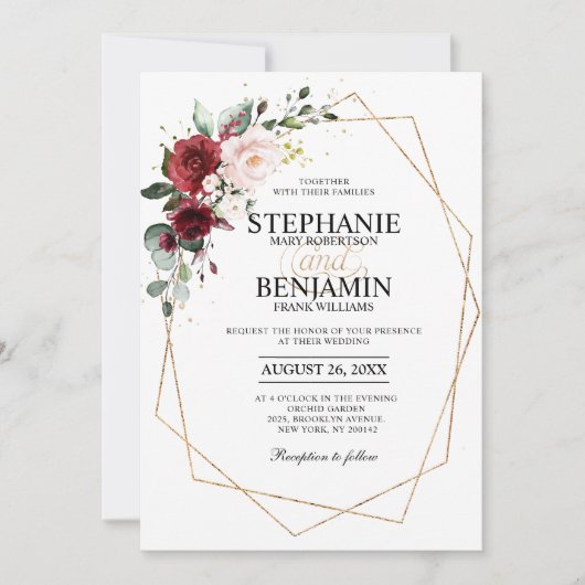 Romantische Waterverf Burgundy Floral Geometric Kaart (Voorkant)