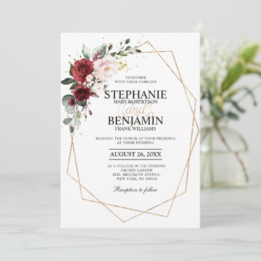 Romantische Waterverf Burgundy Floral Geometric Kaart (Staand voorkant)