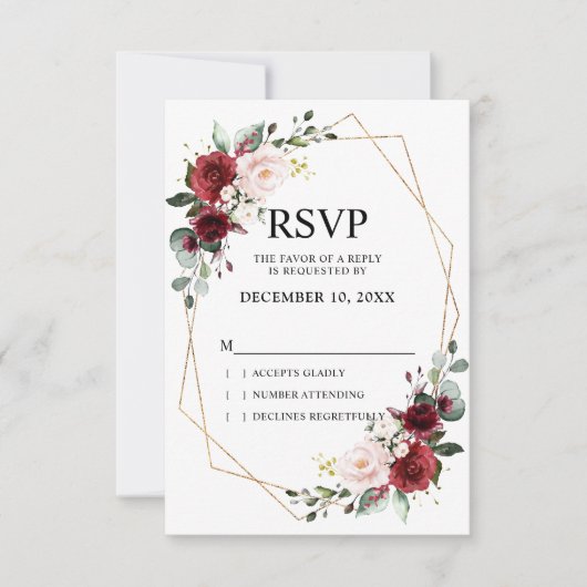Romantische Waterverf Burgundy Floral Geometric RSVP Kaartje (Voorkant)