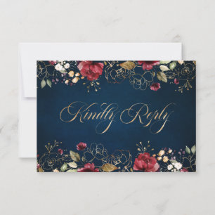 Romantische Waterverf Burgundy Gold Red Navy Flora RSVP Kaartje